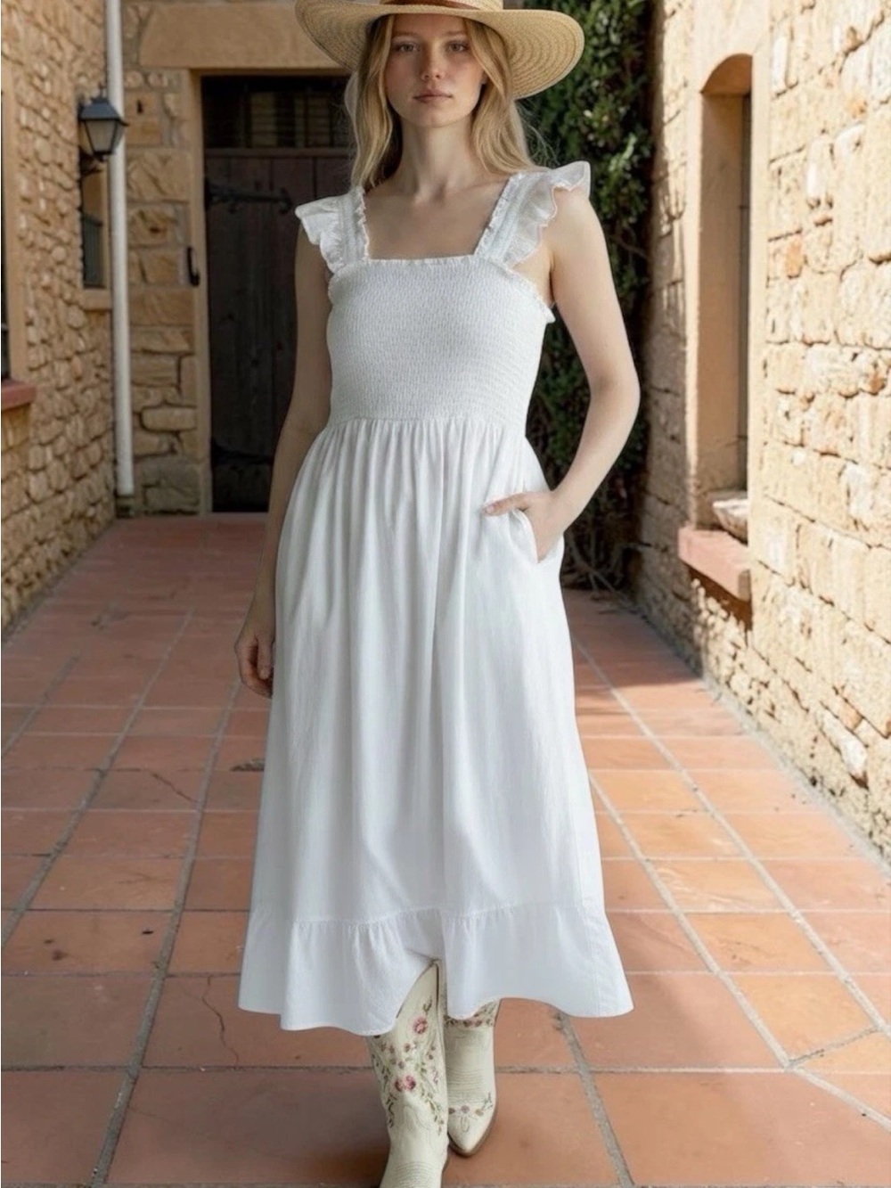 The Drop Size S Smocked Bodice Maxi Dress White Cottage- Core Milkmaid White